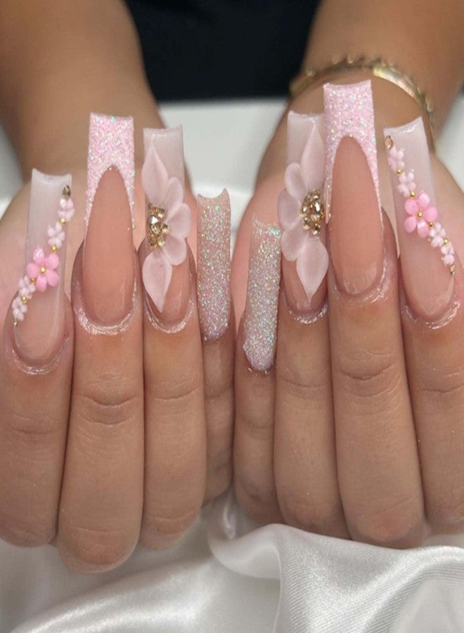 YoYoee Long Ballerina Nails Tips Glitter French False Nails Coffin Press on Nails Full Cover Cute Fake Nails for Women and Girls 24PCS - Image 1